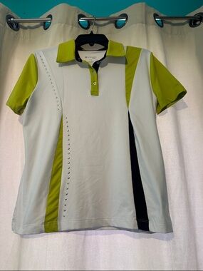 Ladies Short-Sleeve Polo Shirt in White, Lime and Black